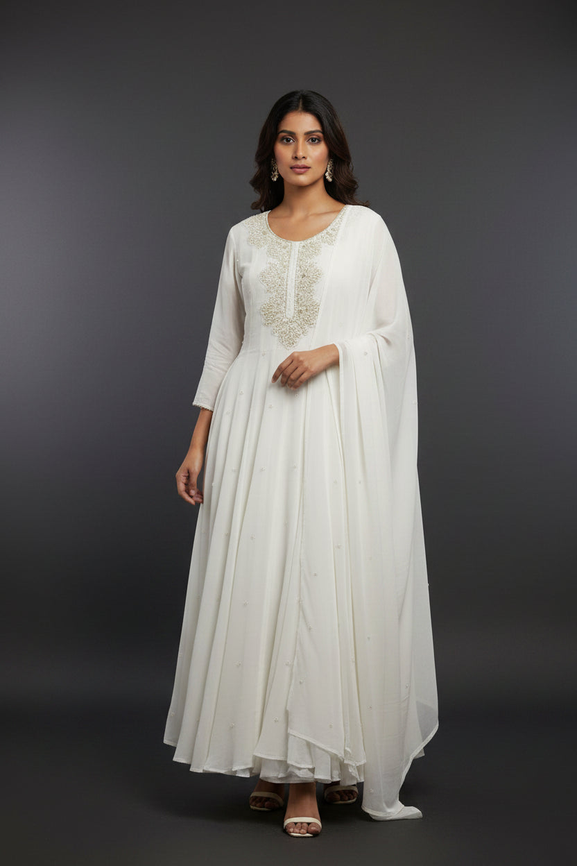 White Anarkali Chinnon Handwork Partyware Kurtha 567