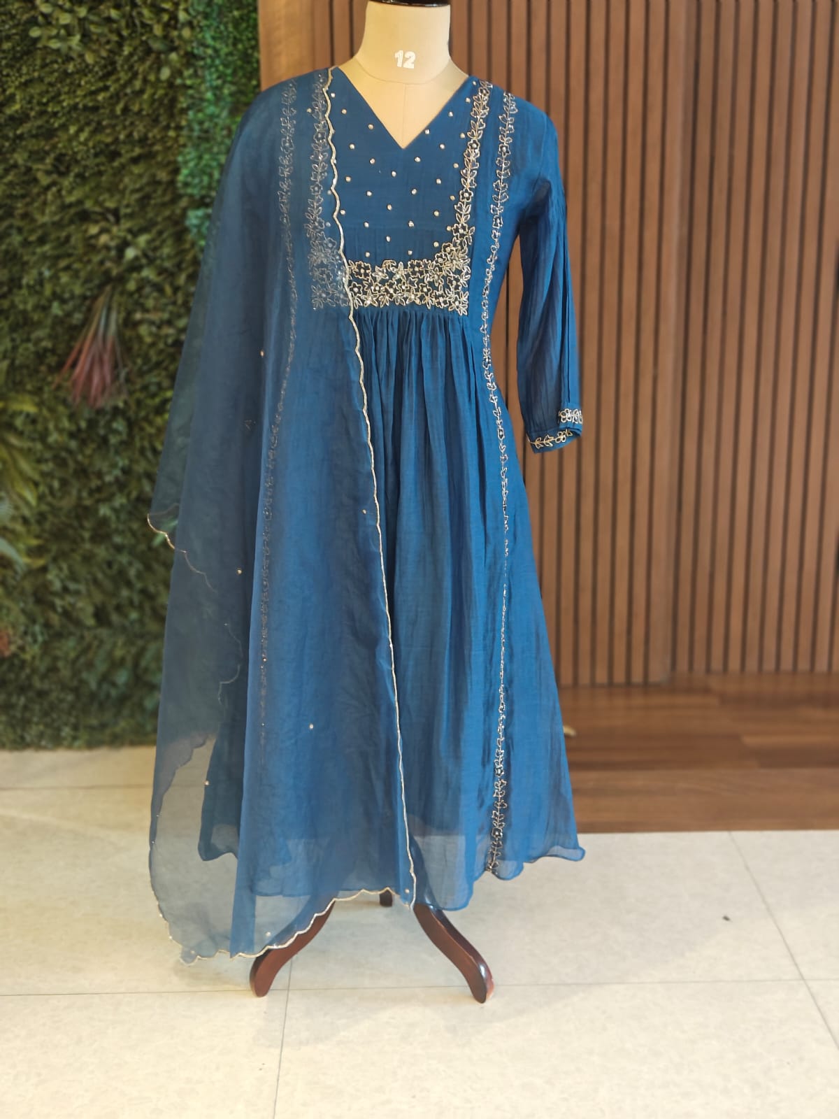 “Pani" Blue Mul Chanderi silk Kurtha suit with work hand embroidery 898