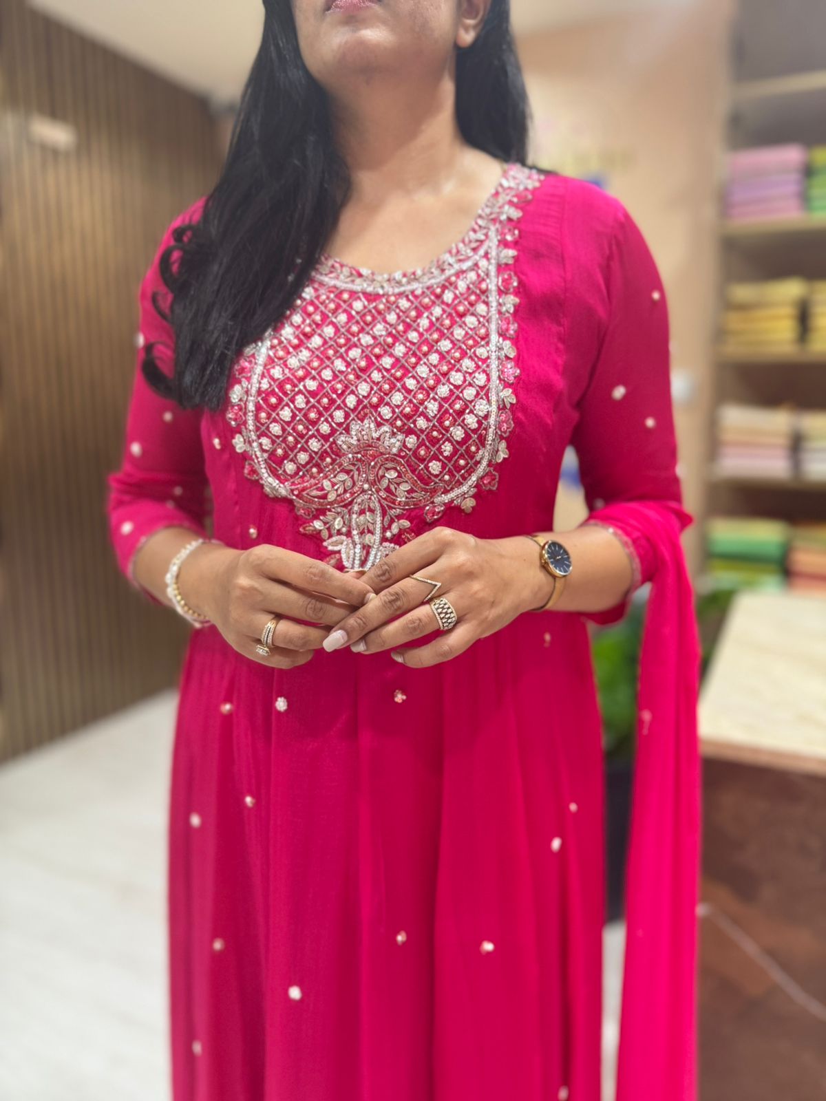 Pink Anarkali Chinnon Hand Embroidery Kurtha 567