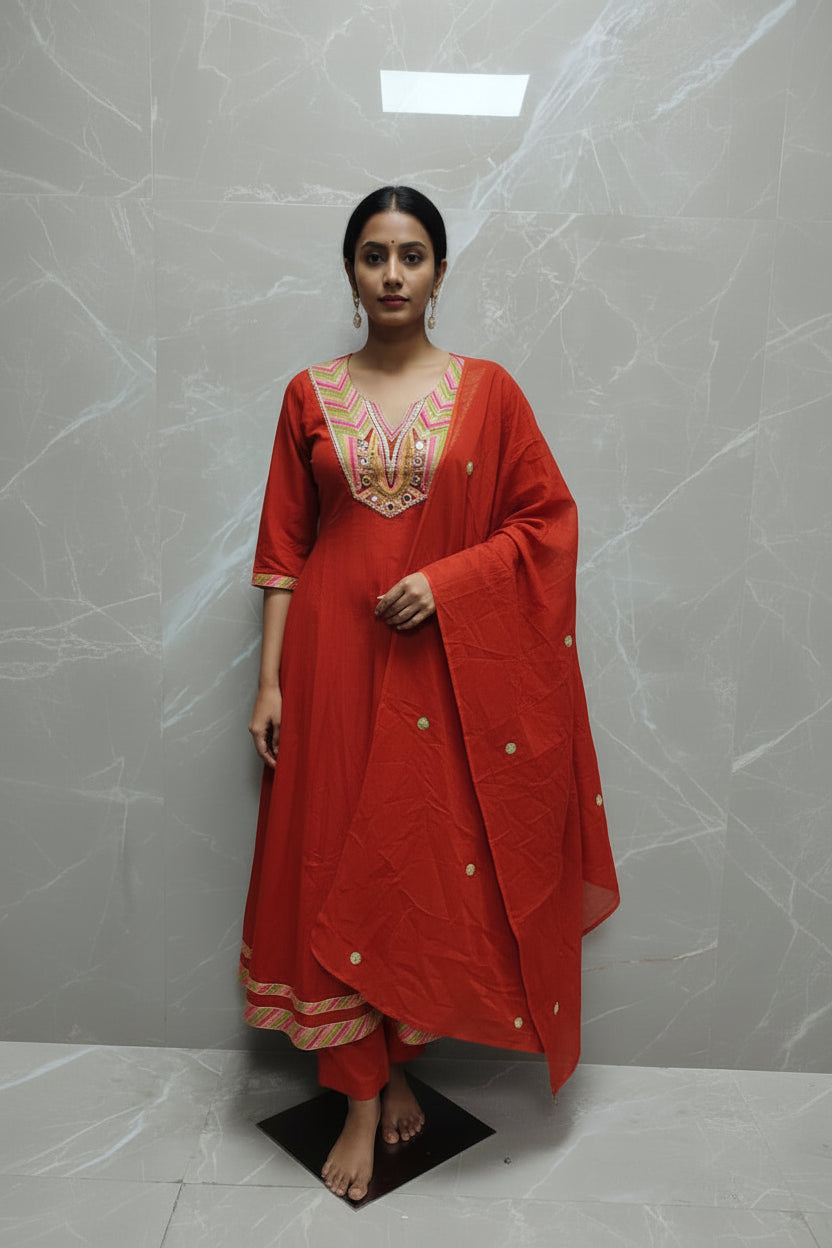 Maroon Mul Cotton Block Print Anarkali Kurtha 837