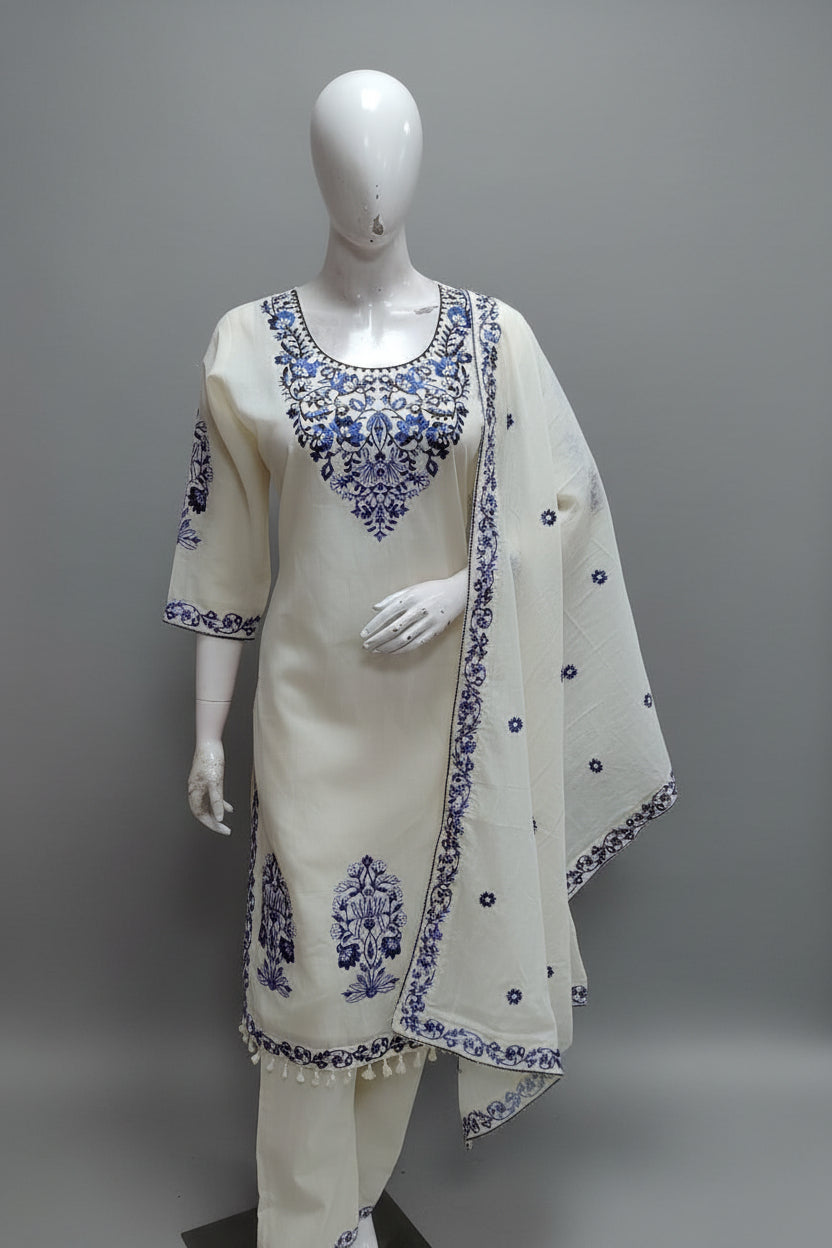 White Cotton Thread Embroidery Work Straight Fit Kurtha 482