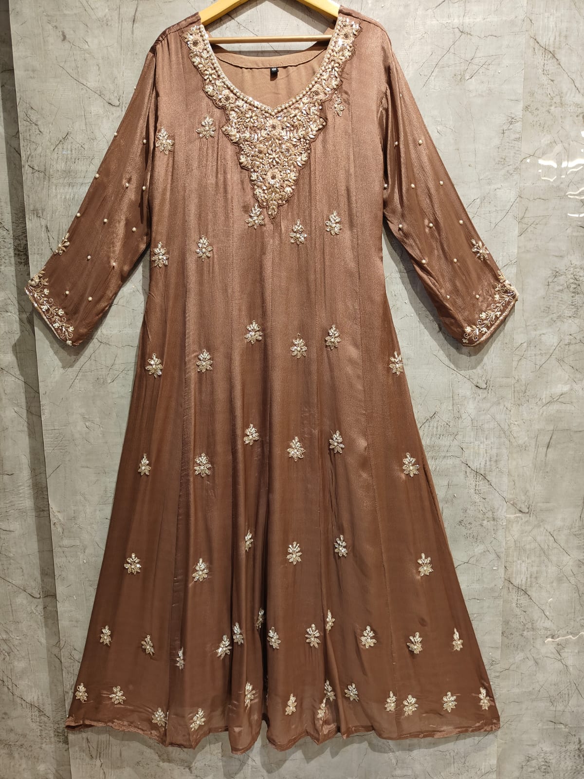 LIGHT BROWN Anarkali chinnon handwork party ware Kurtha 567