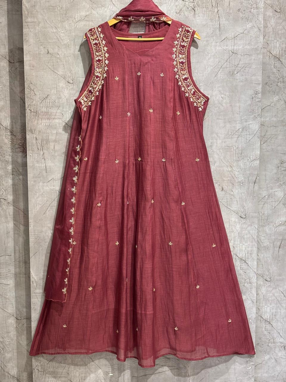“Pani" Wine Mul Chanderi Silk Anarkali Handwork Kurtha 515