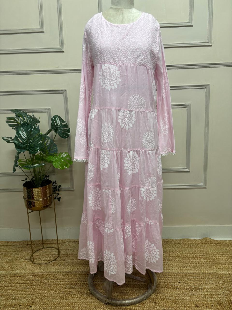 Pink Mul Cotton Block Print Anarkali Kurtha 98