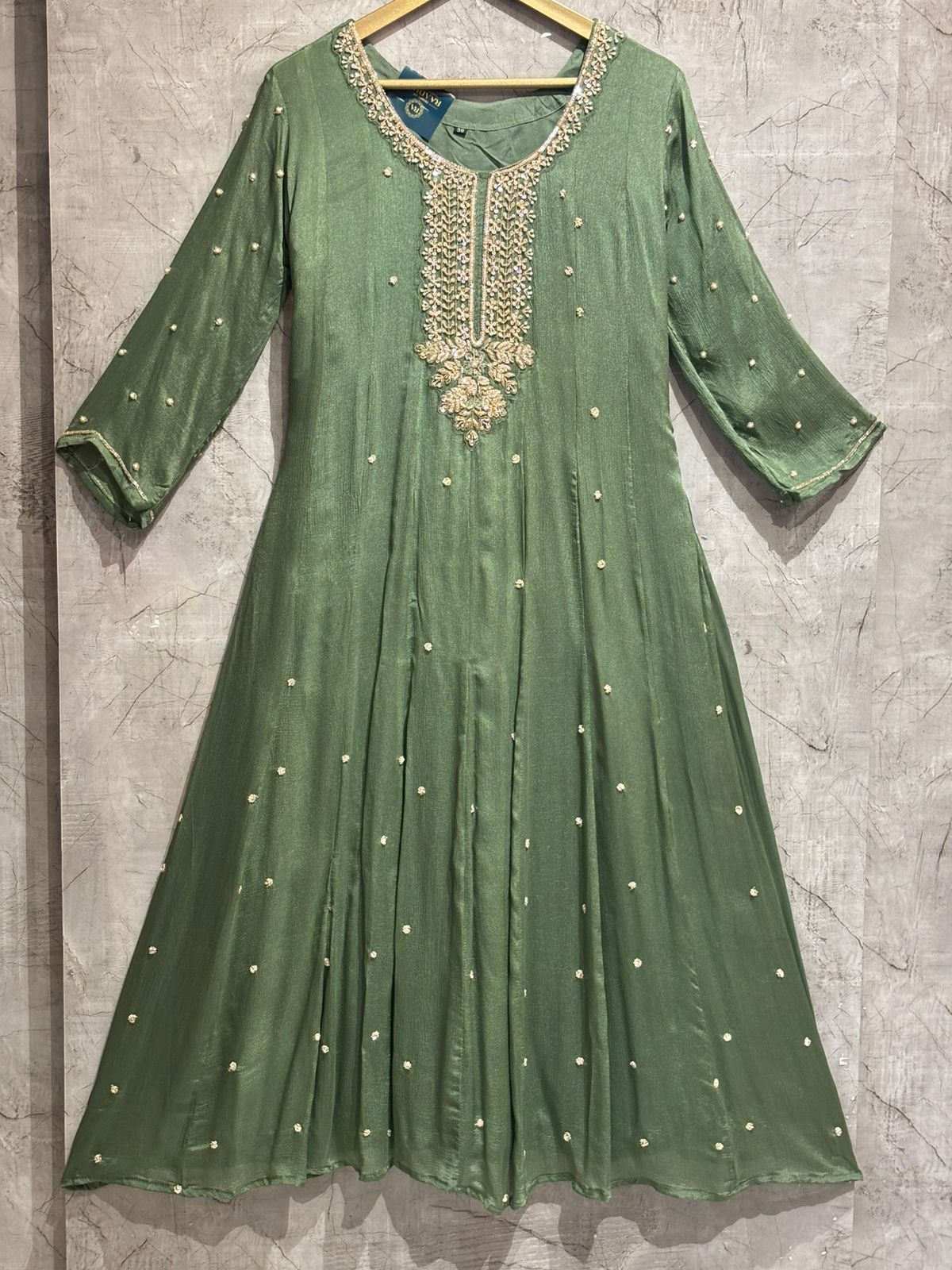 Green Anarkali Chinnon Hand Embroidery Kurtha 567
