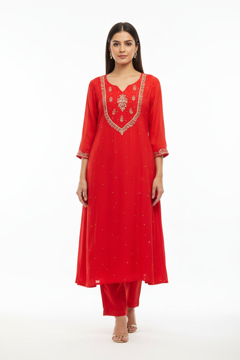 Red Organza Hand Embroidery Airline Kurtha 966
