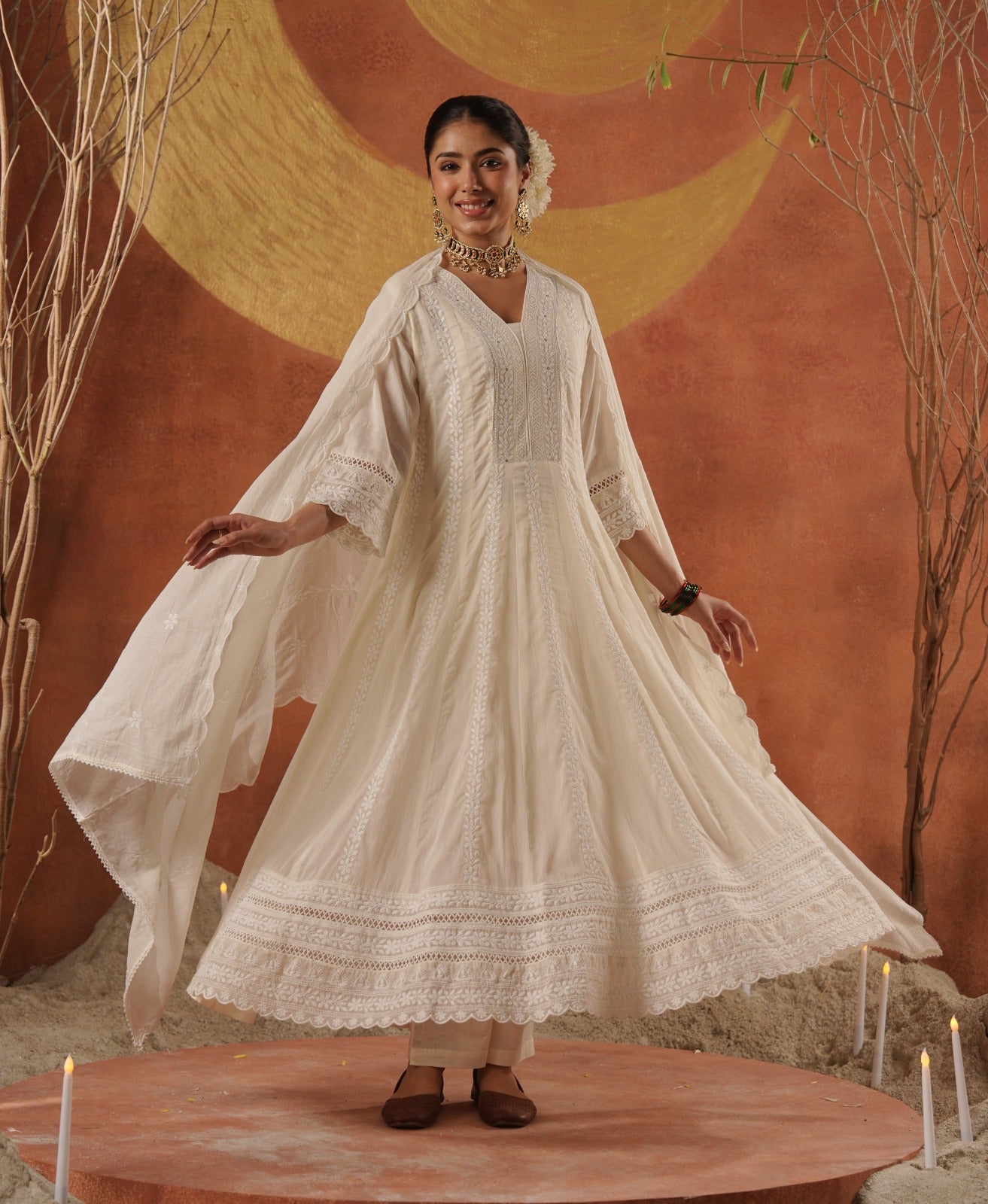 Cream Cotton Hakkoba Work Anarkali Kurtha 459