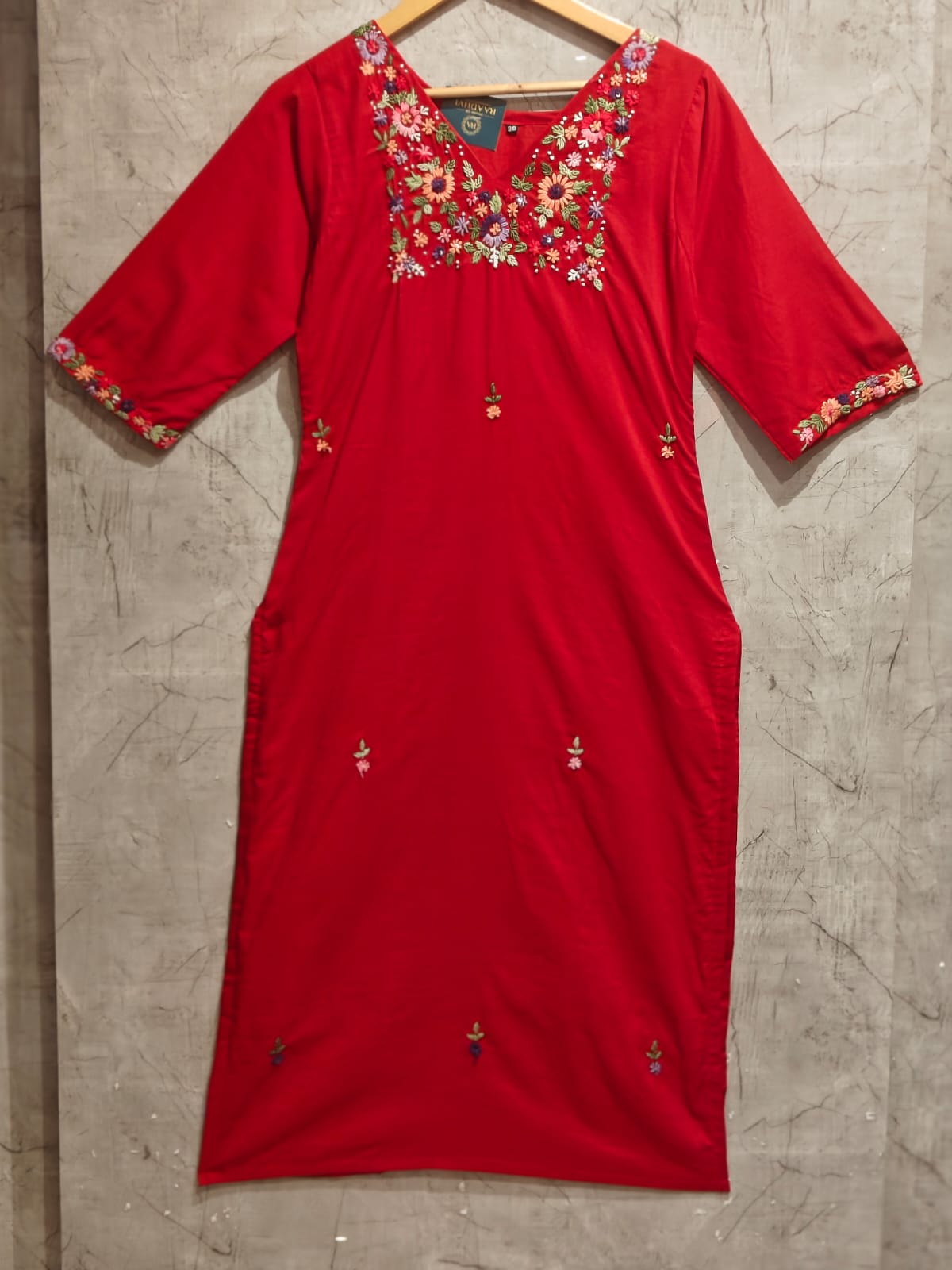 Red Cotton Hand Embroidery Straight Fit Kurtha 212