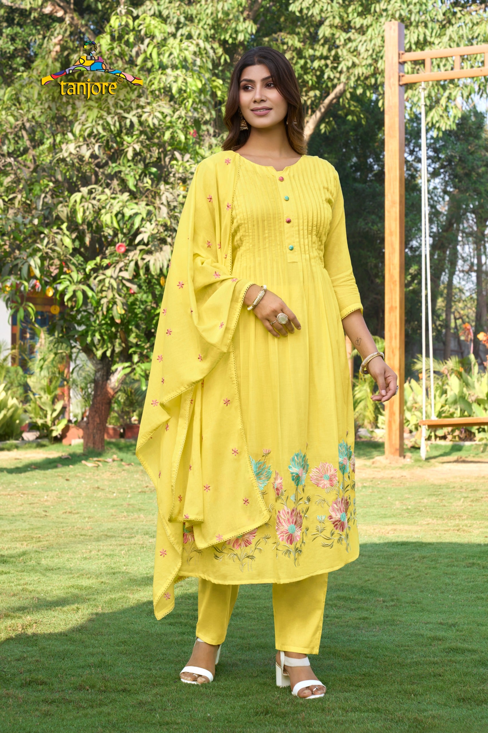 "Sana" Lemon Yellow Soft Mul Cotton in Boutique style embroidery 3pcs Kurtha suit