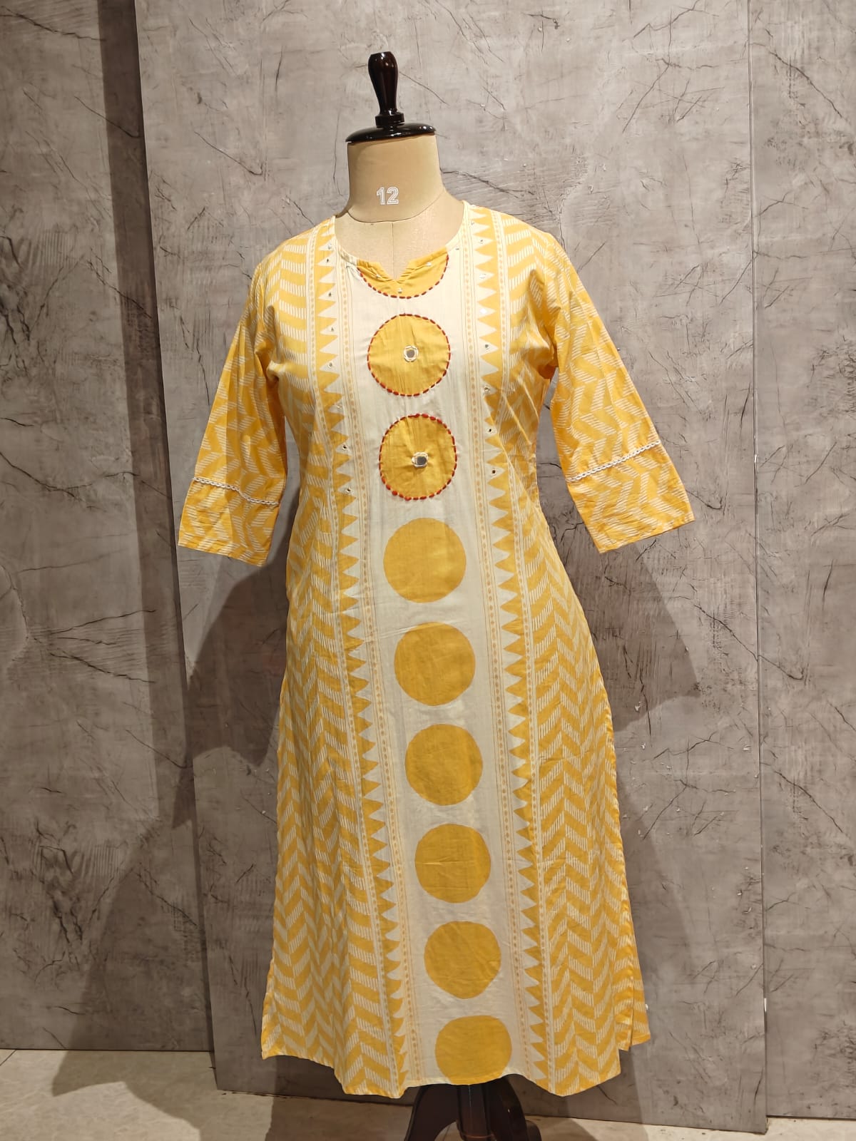 Yellow Cotton Hand Embroidery Straight Fit Kurtha