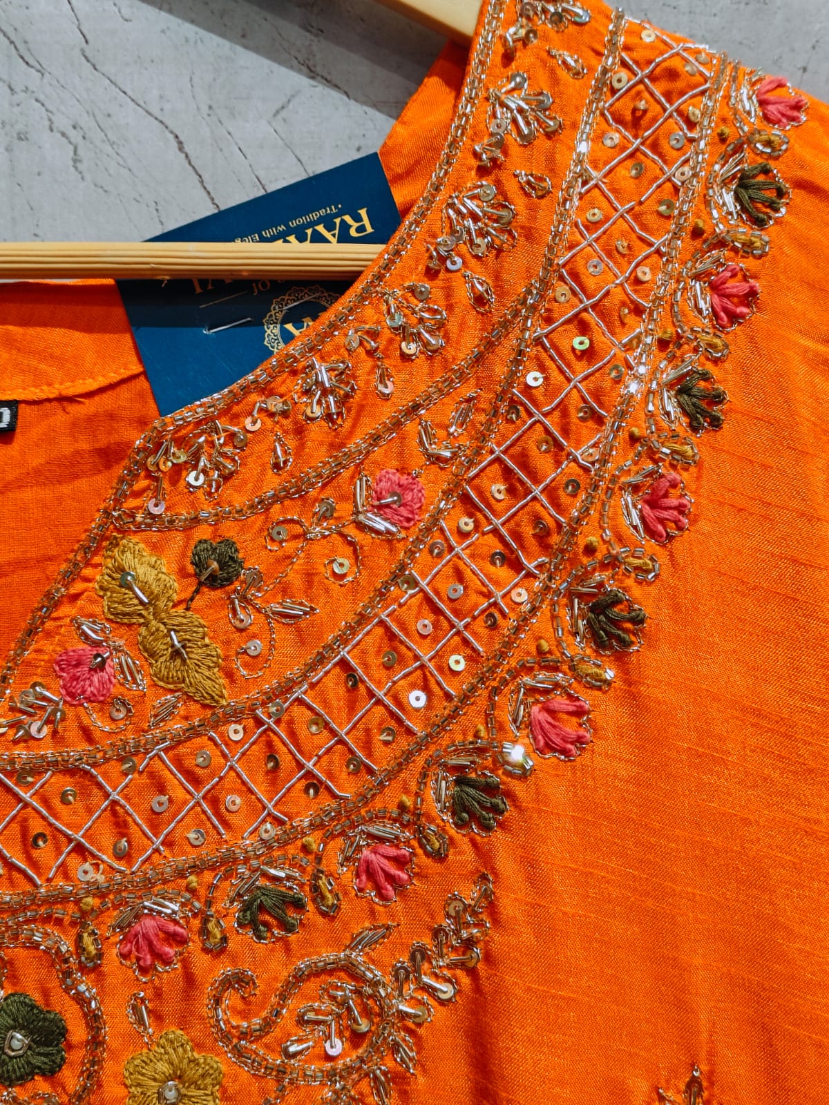 "Orange"  Dola silk embroidery kurtha set