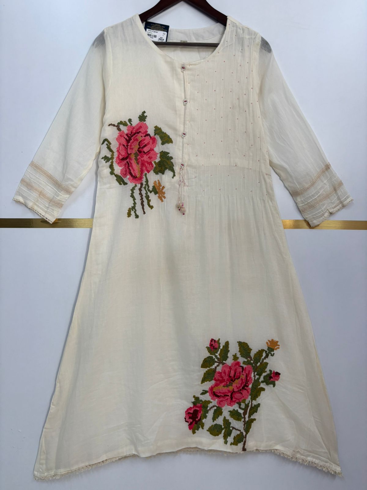 White Cotton Hand Embroidery Airline Kurtha
