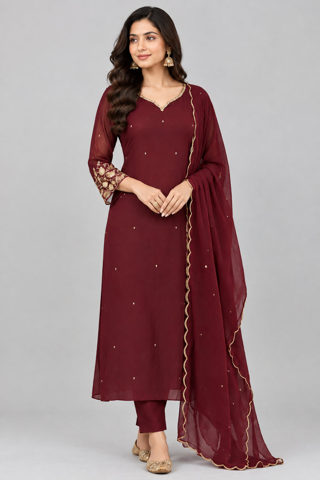 Brown Mul Chanderi Hand Embroidery Airline Kurtha 514