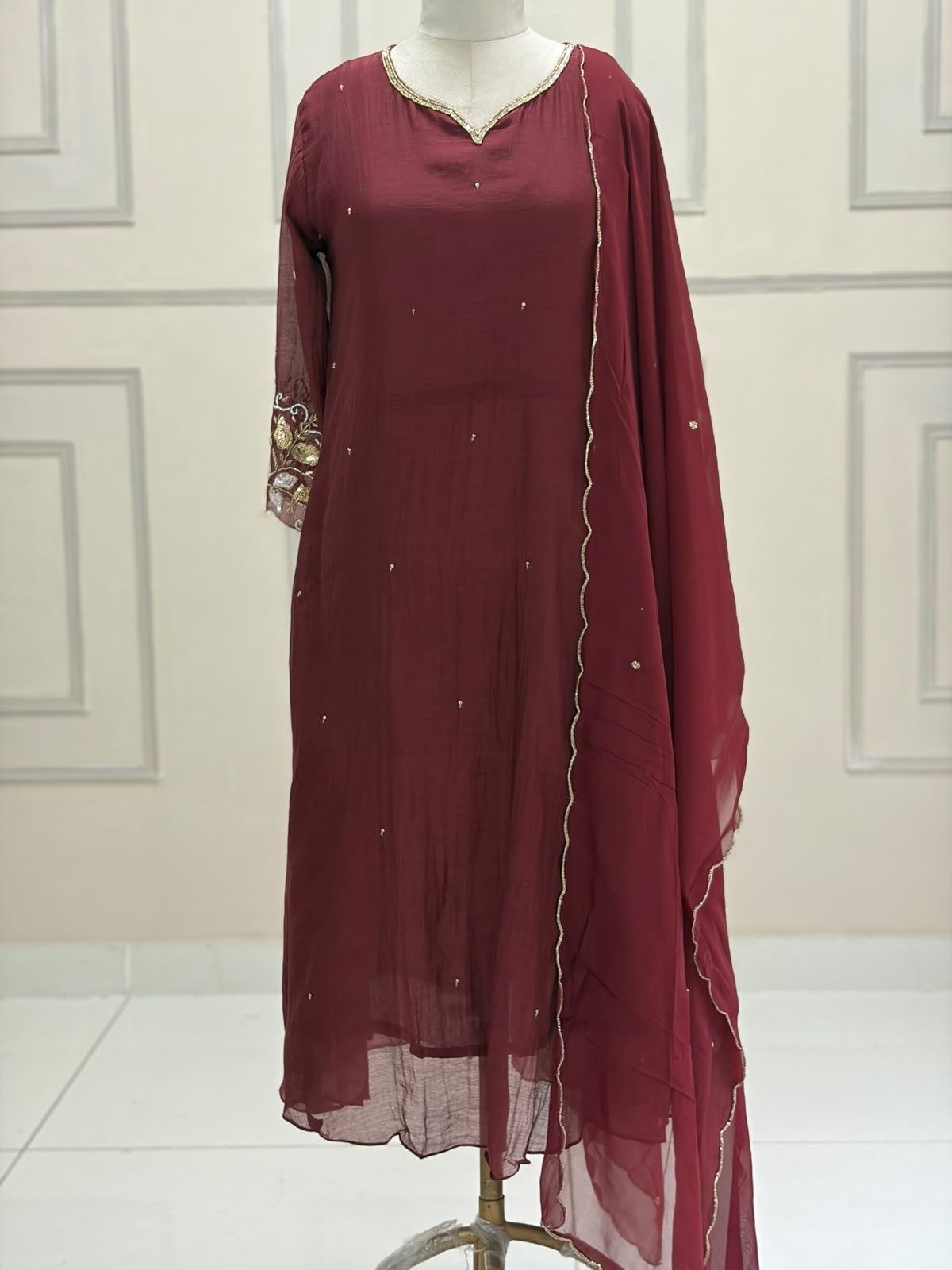 Brown Mul Chanderi Hand Embroidery Airline Kurtha 514