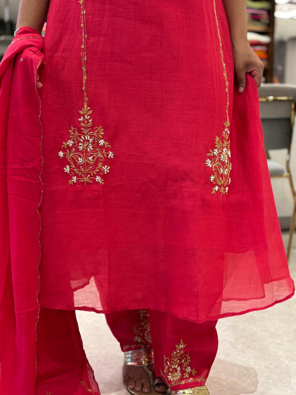 Pink Mul Chanderi Hand Embroidery A Line Kurtha 686