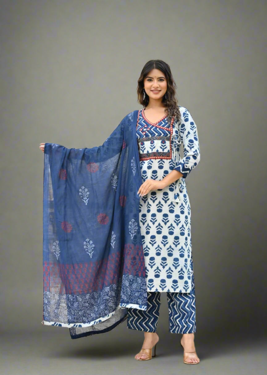 Indigo Blue Block Print Cotton Straight fit kurtha