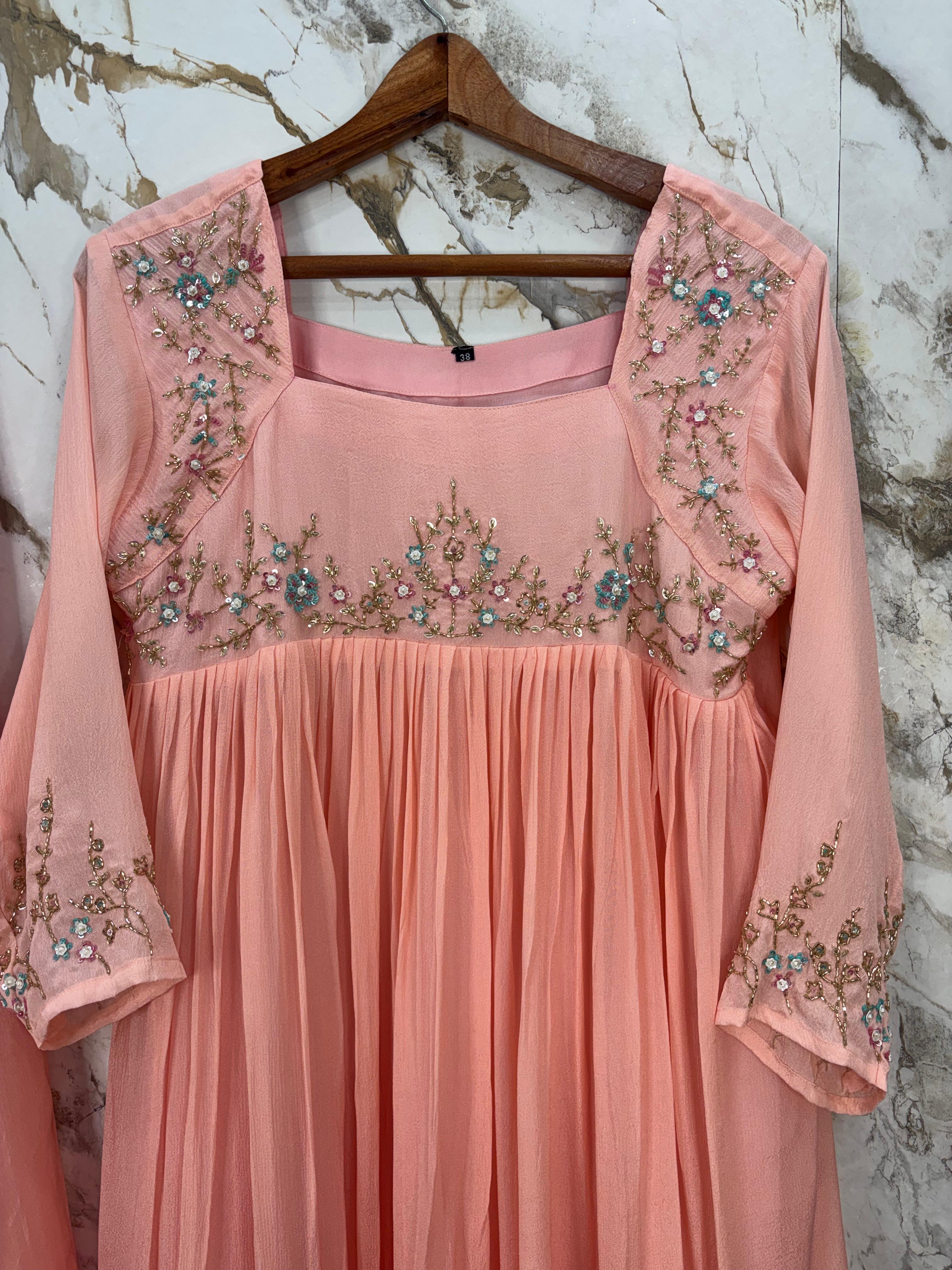 Baby Pink Chinnon Thread Embroidery Airline Cord Set Kurtha