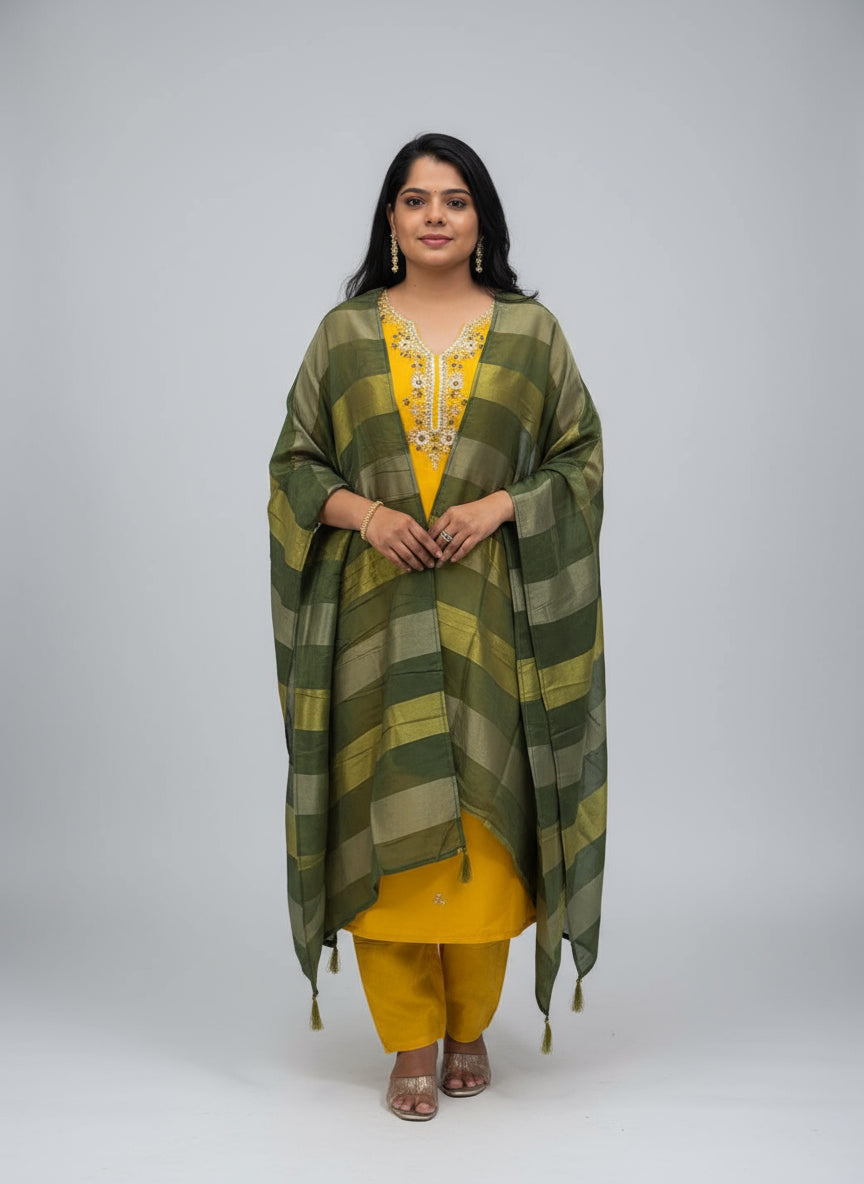 Yellow Dola Silk Handwork Straight Fit Kurtha 39