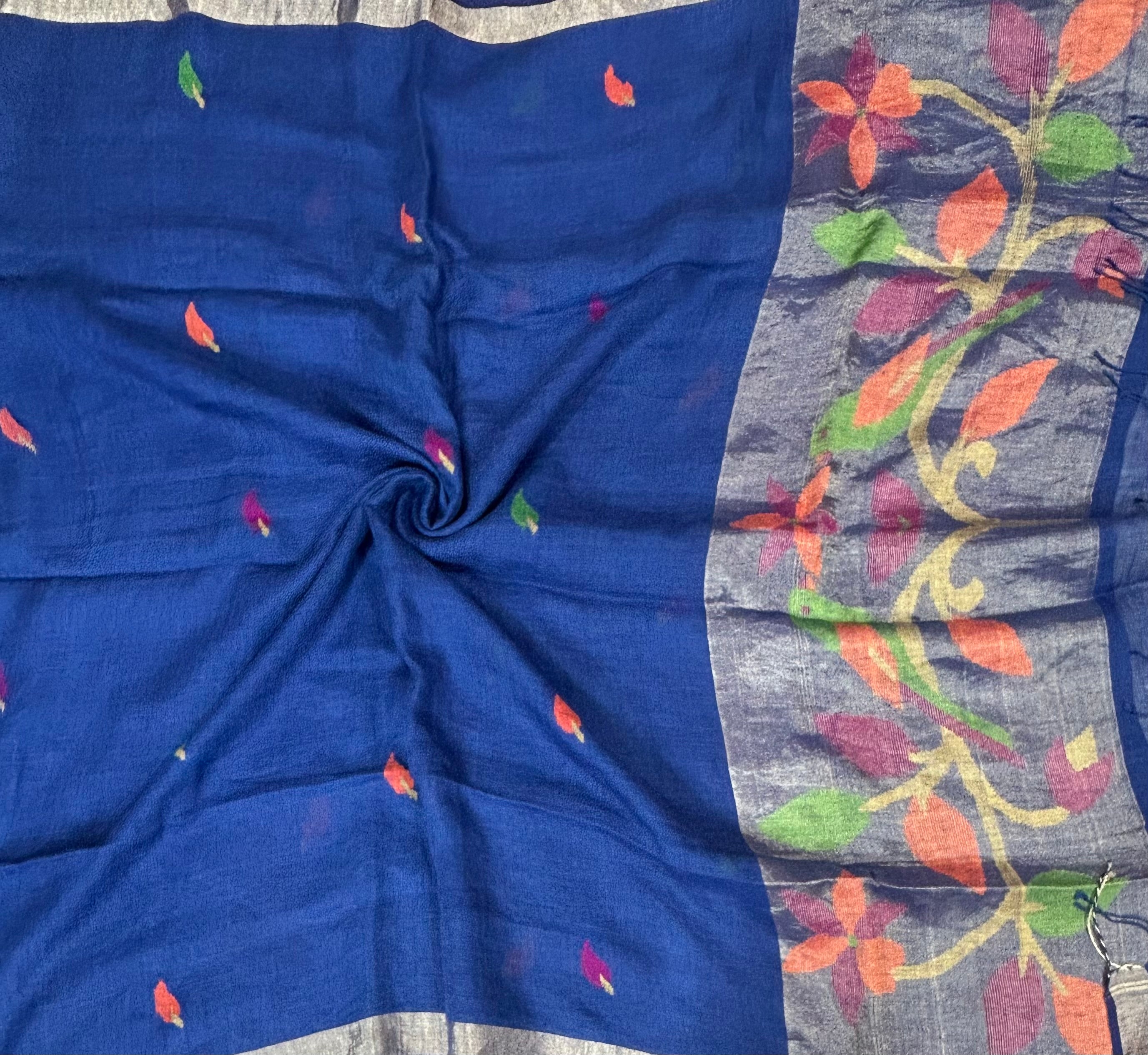 Blue small Butta pure linen saree