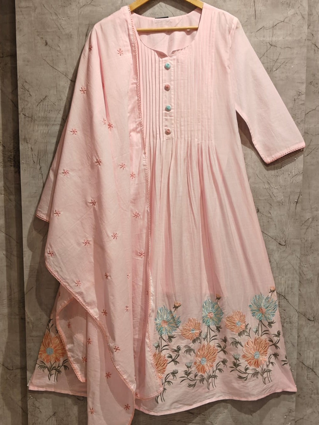 "Sana" Baby Pink Soft Mul Cotton in Boutique style embroidery 3pcs Kurtha suit