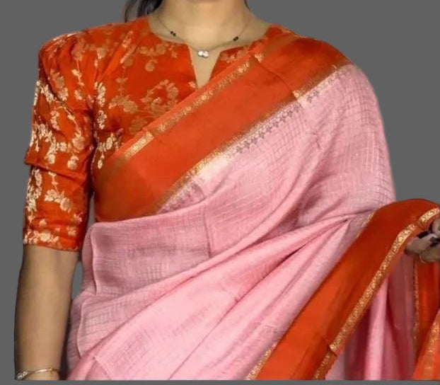 Pastel pink n orange Tussar crepe saree