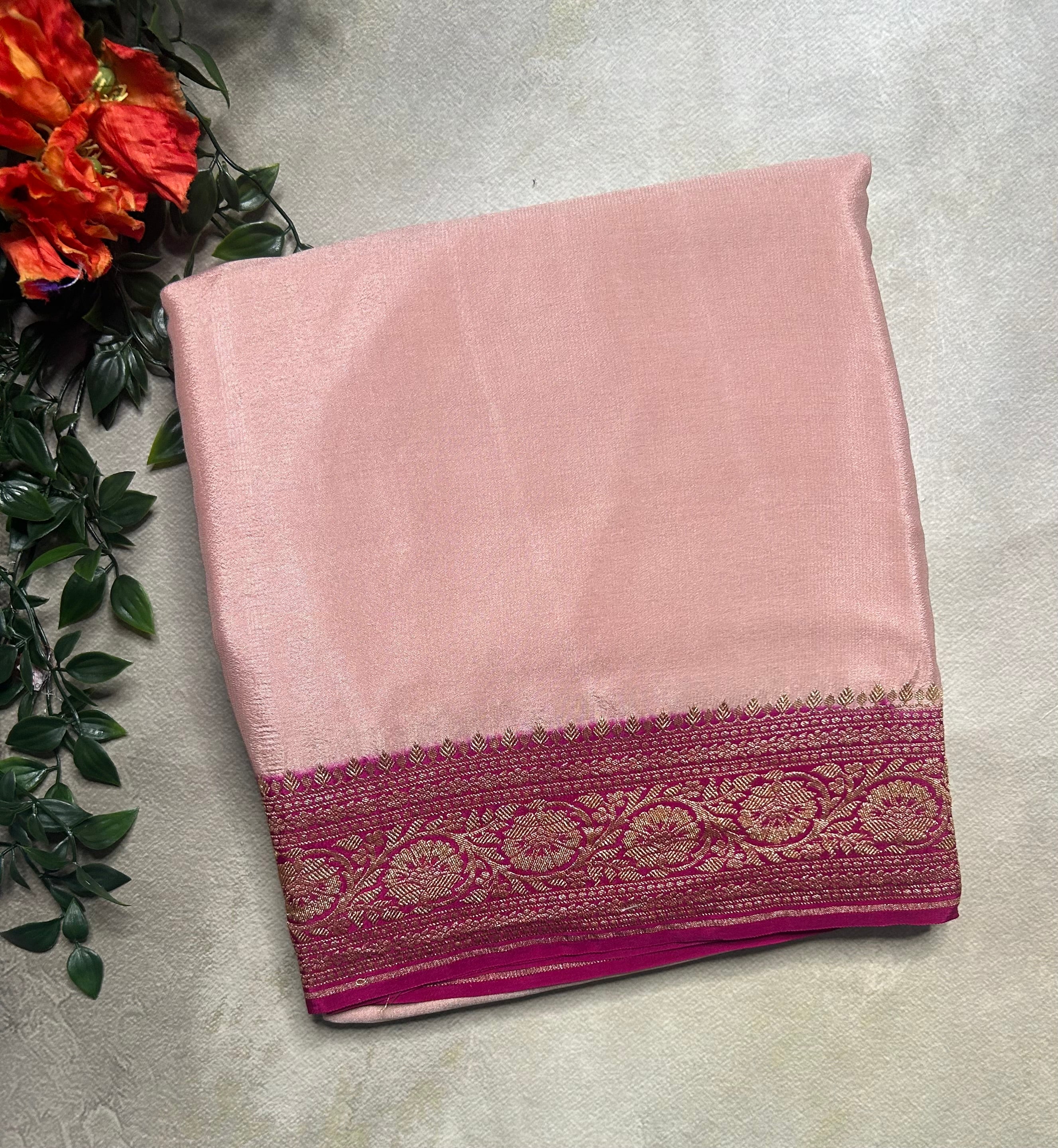 Light peach green pure benarasi 103 crepe silk saree