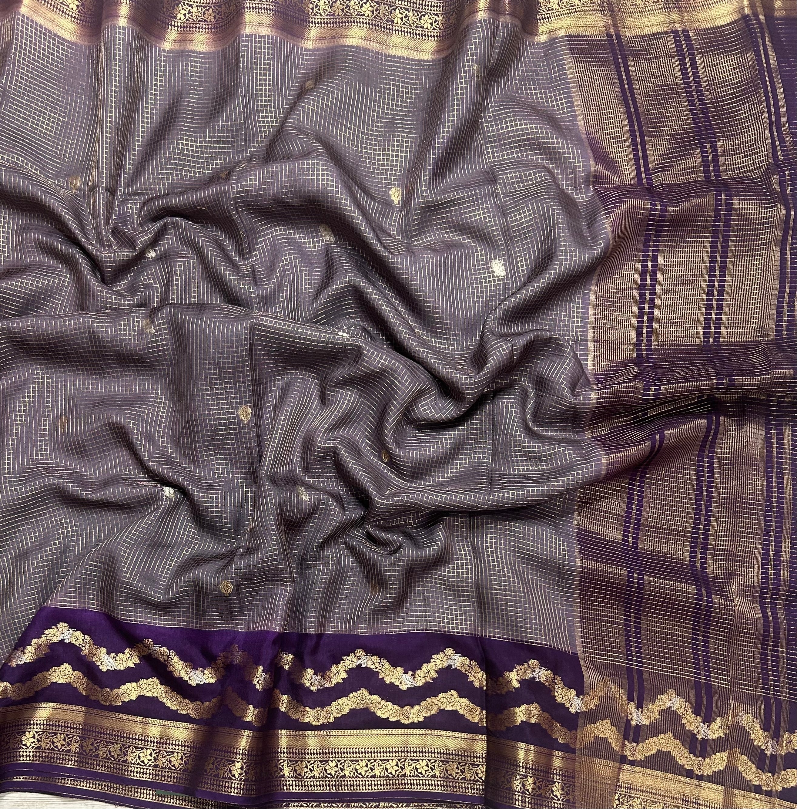 Grey small checks semi Mysore 105 saree