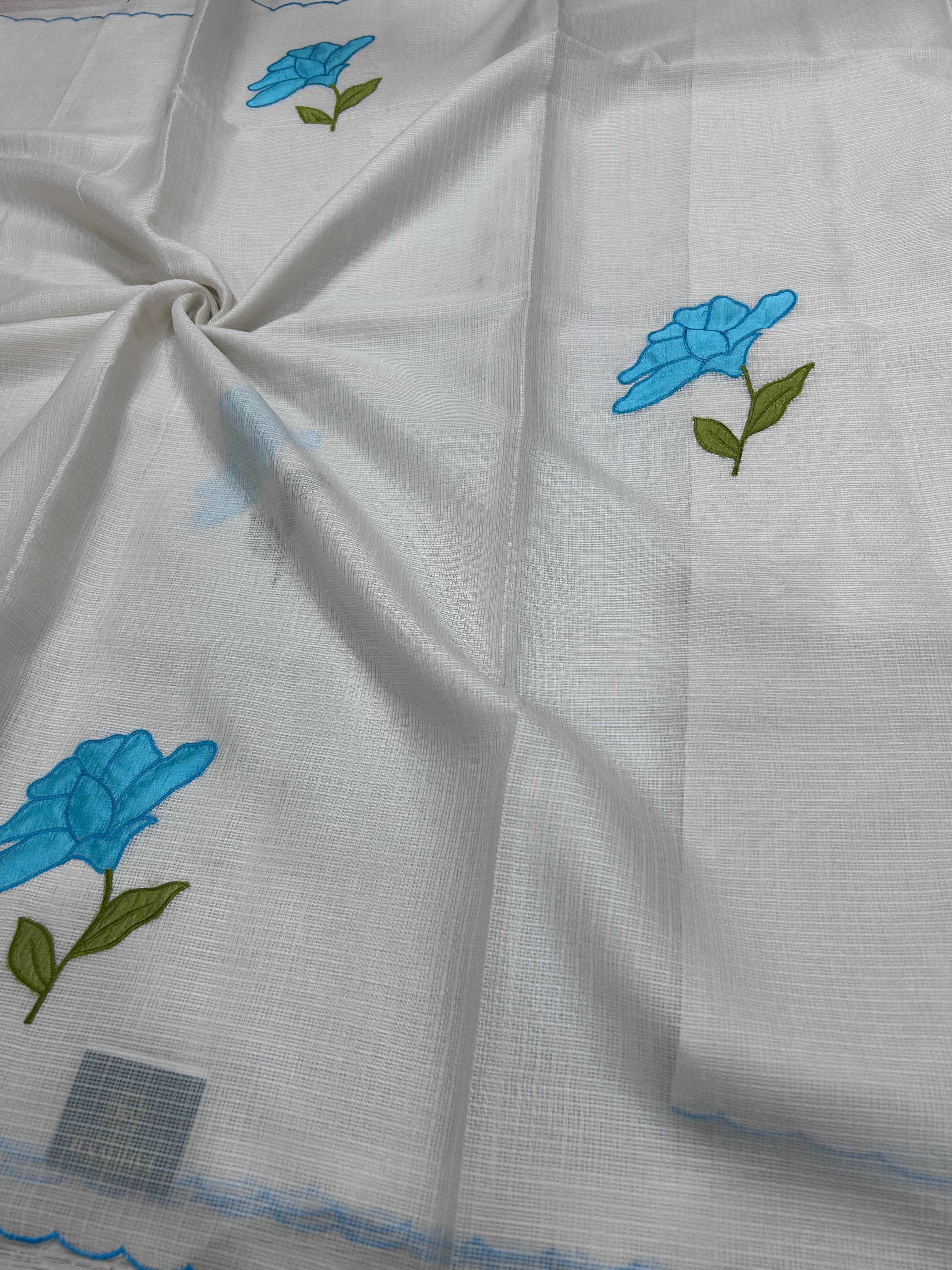 Cream scallop border sky blue embroidery work Kota check 106 Saree