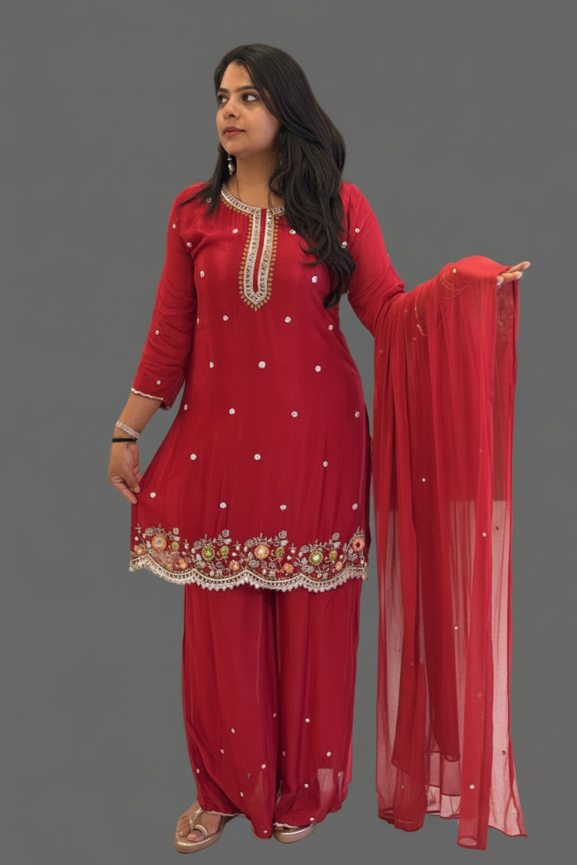 Red Chinnon Hand Embroidery Sharara Kurtha 301