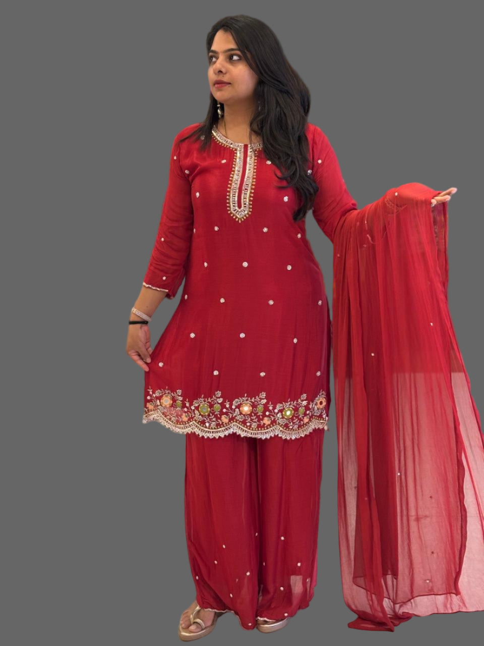 Red Chinnon Hand Embroidery Sharara Kurtha 301