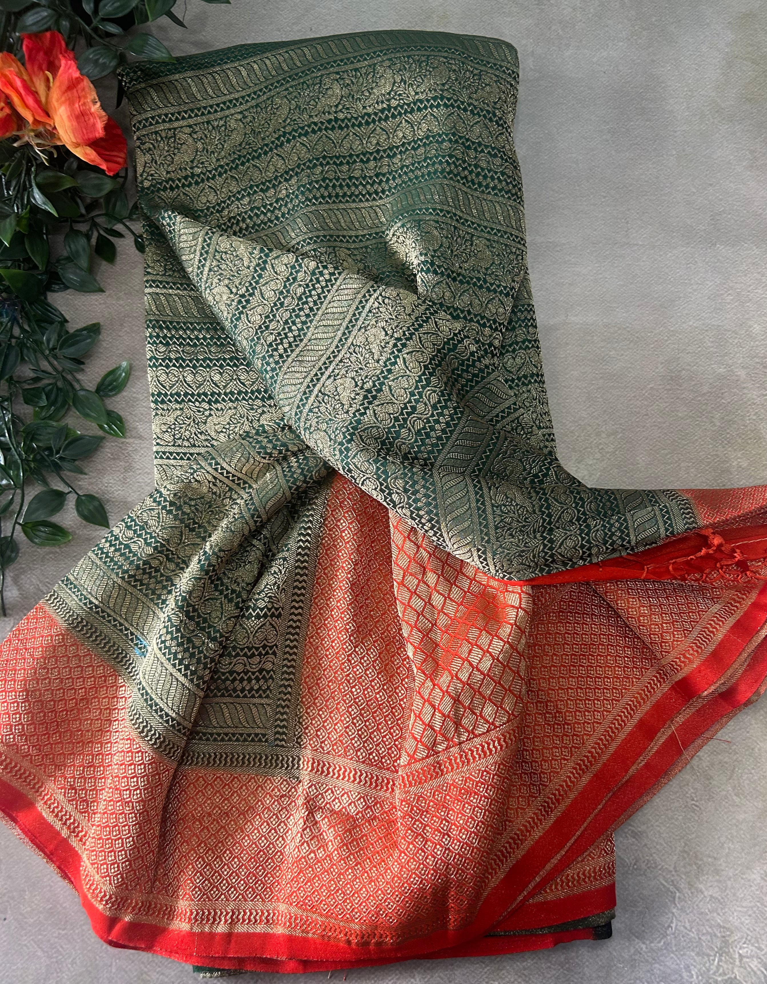 Bottle green brocade semi georgette 105 saree