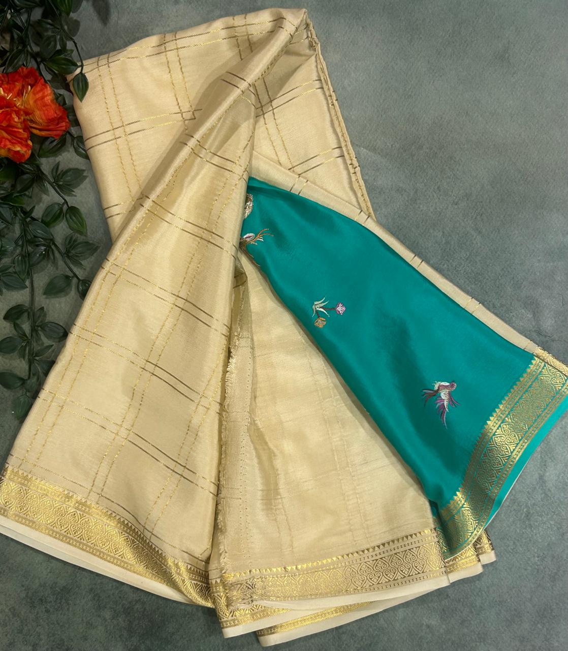 Beige 2 eembrodiery checks pure Mysore crepe silk 103 saree