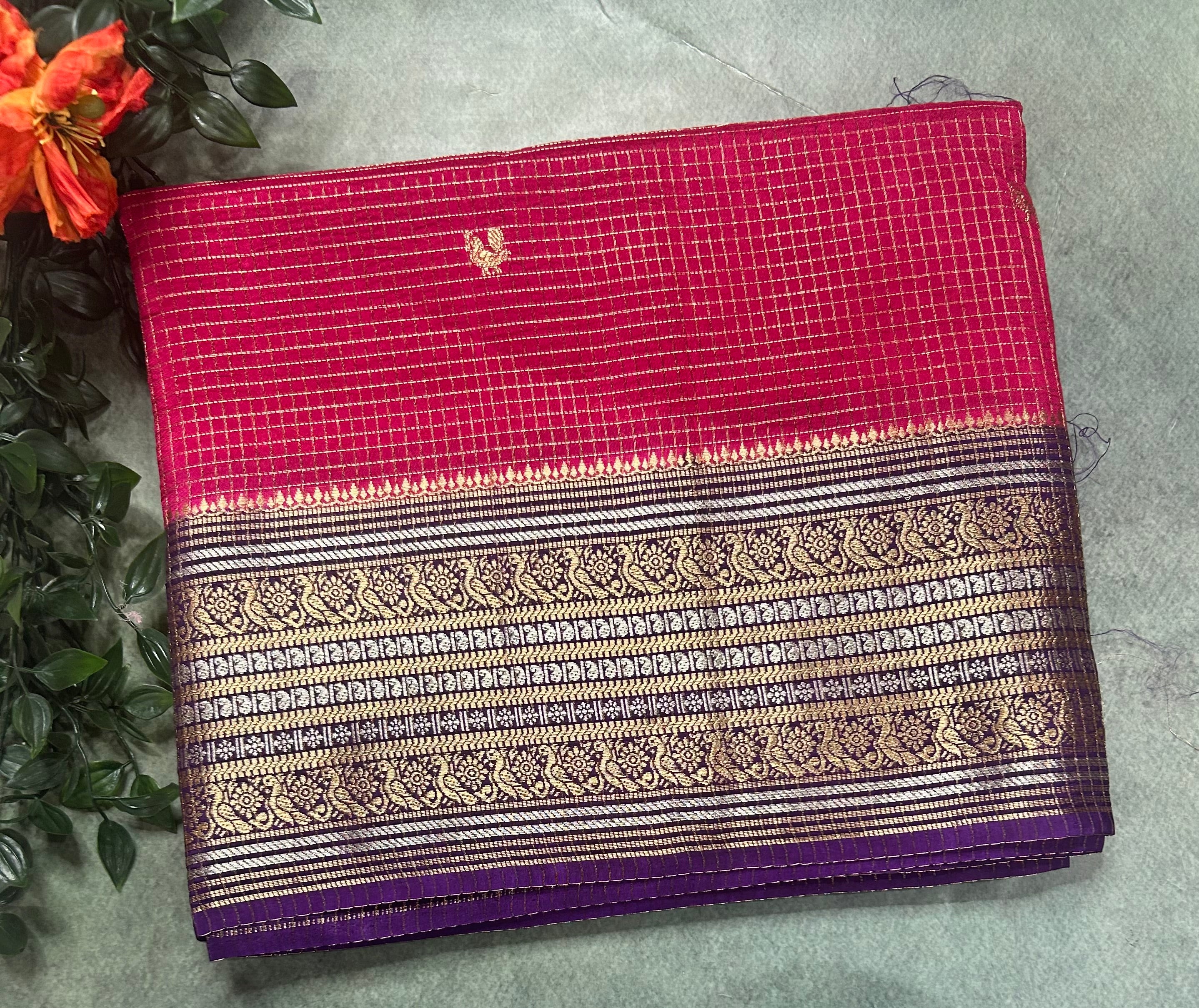 Rani pink small checks contrast semi Mysore crepe 105 saree