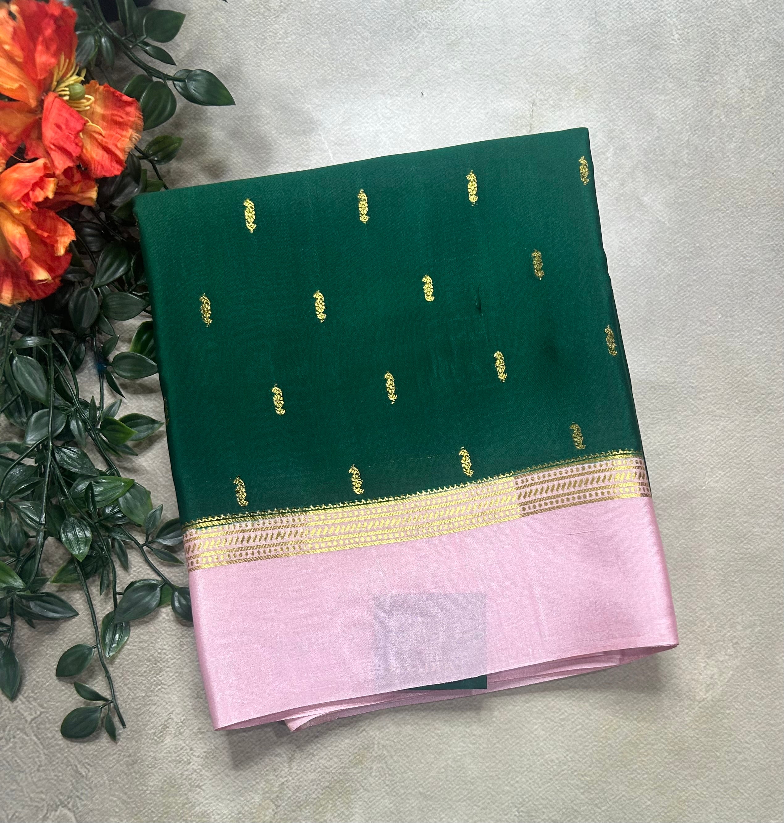 Bottle green contrast border pure Mysore silk 105 saree
