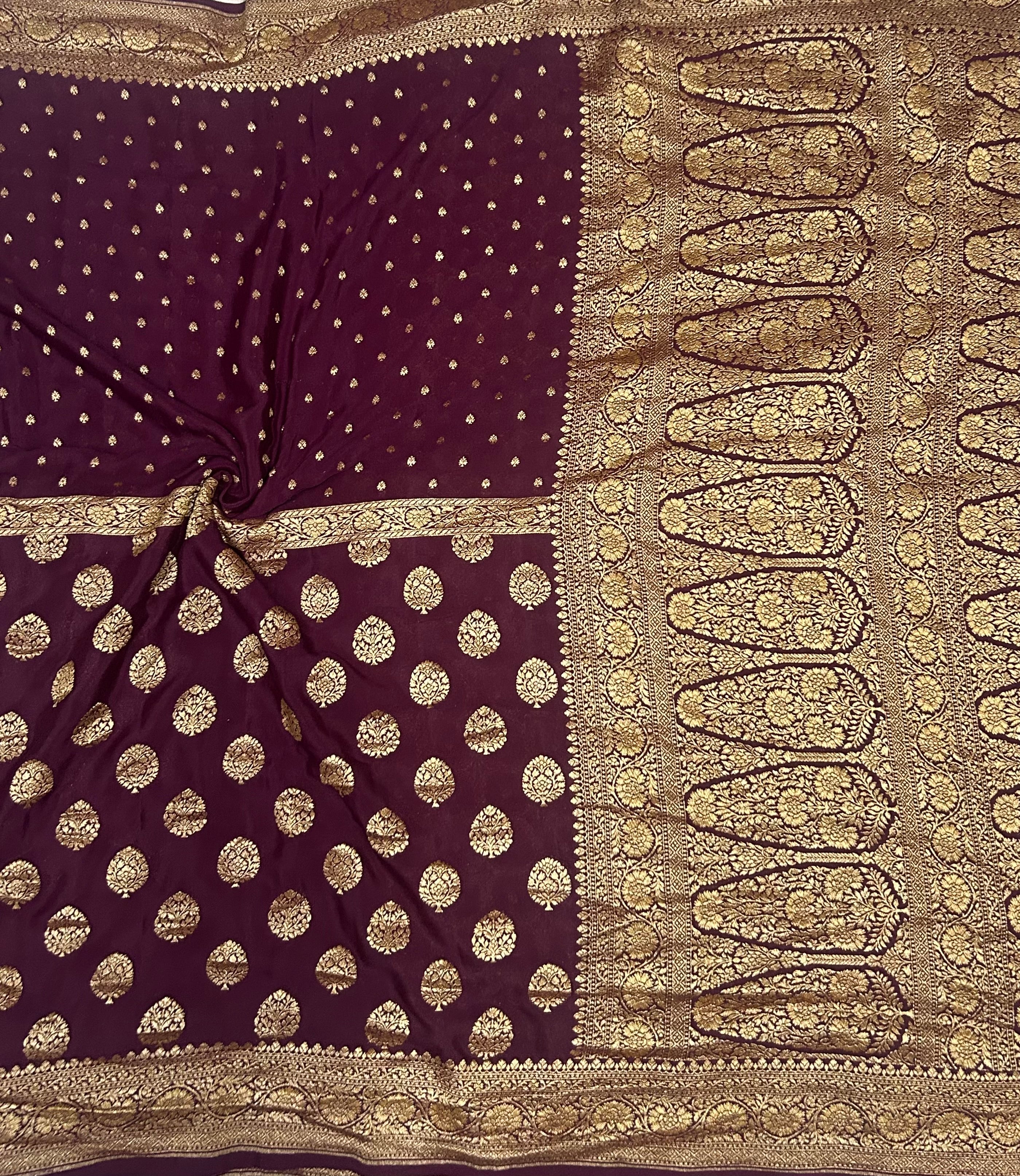 Wine small n big butta pure benarasi crepe 103 saree