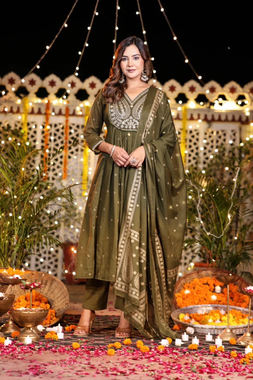 Green Cotton Hand Embroidery Airline Kurtha 677