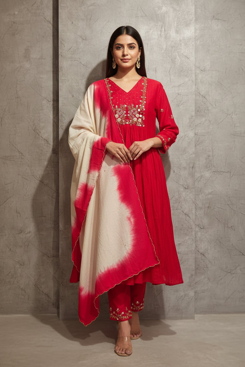 Pink Mul Chanderi Hand Embroidery Anarkali Kurtha 899