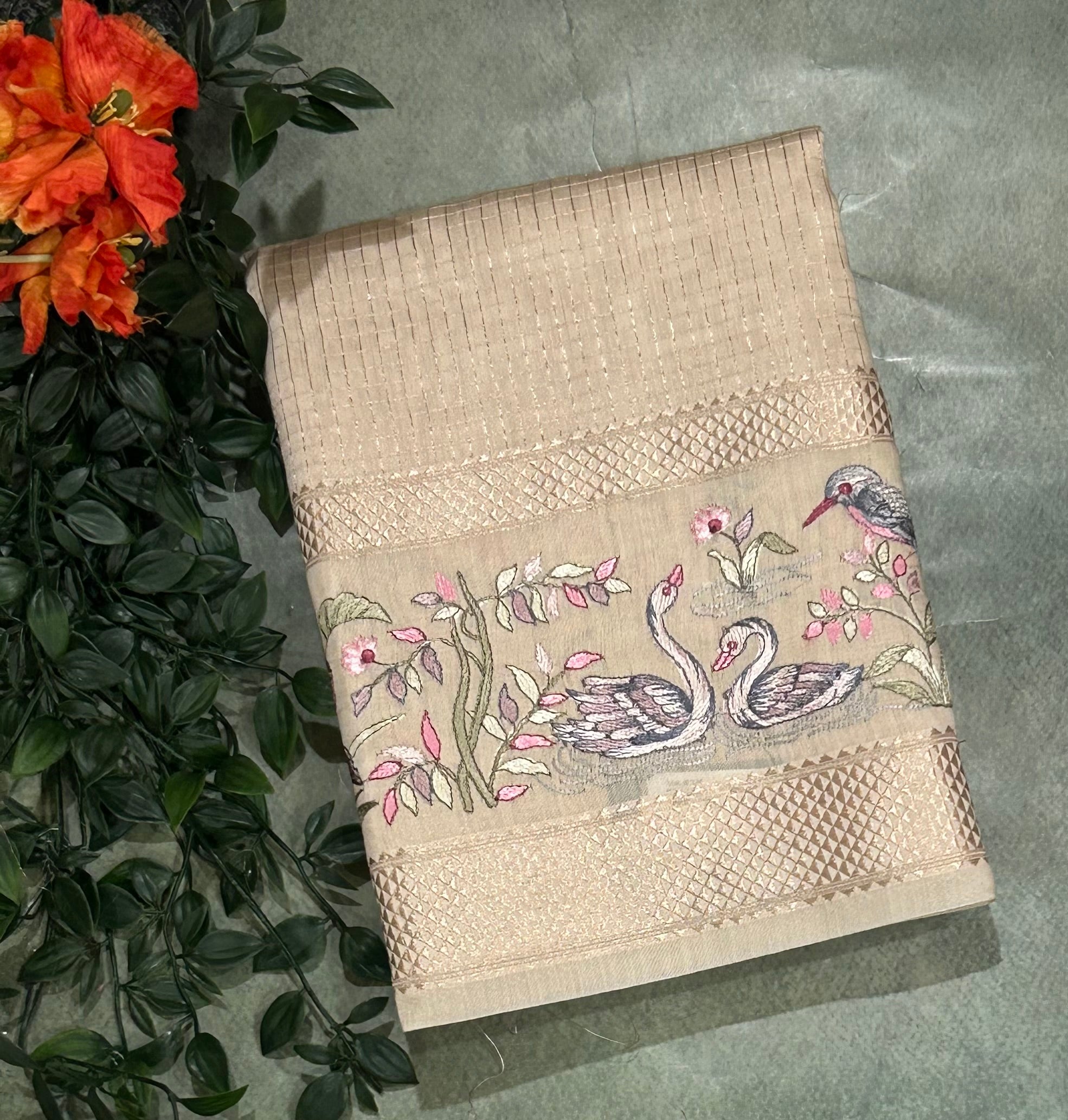 Beige-2 checks embrodiery butta border soft tussar crepe 104 saree