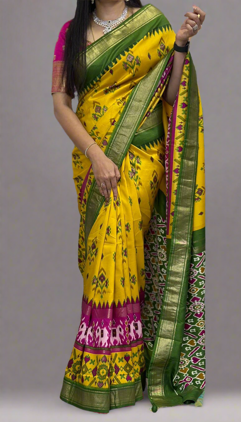 Yellow patola print semi tussar silk saree