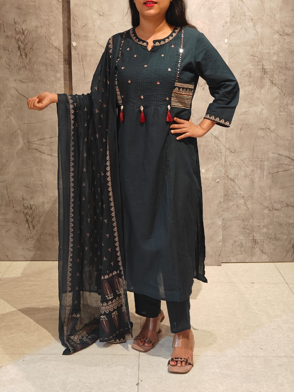 Steal Blue Cotton Embroidery Straight Fit Kurtha 606