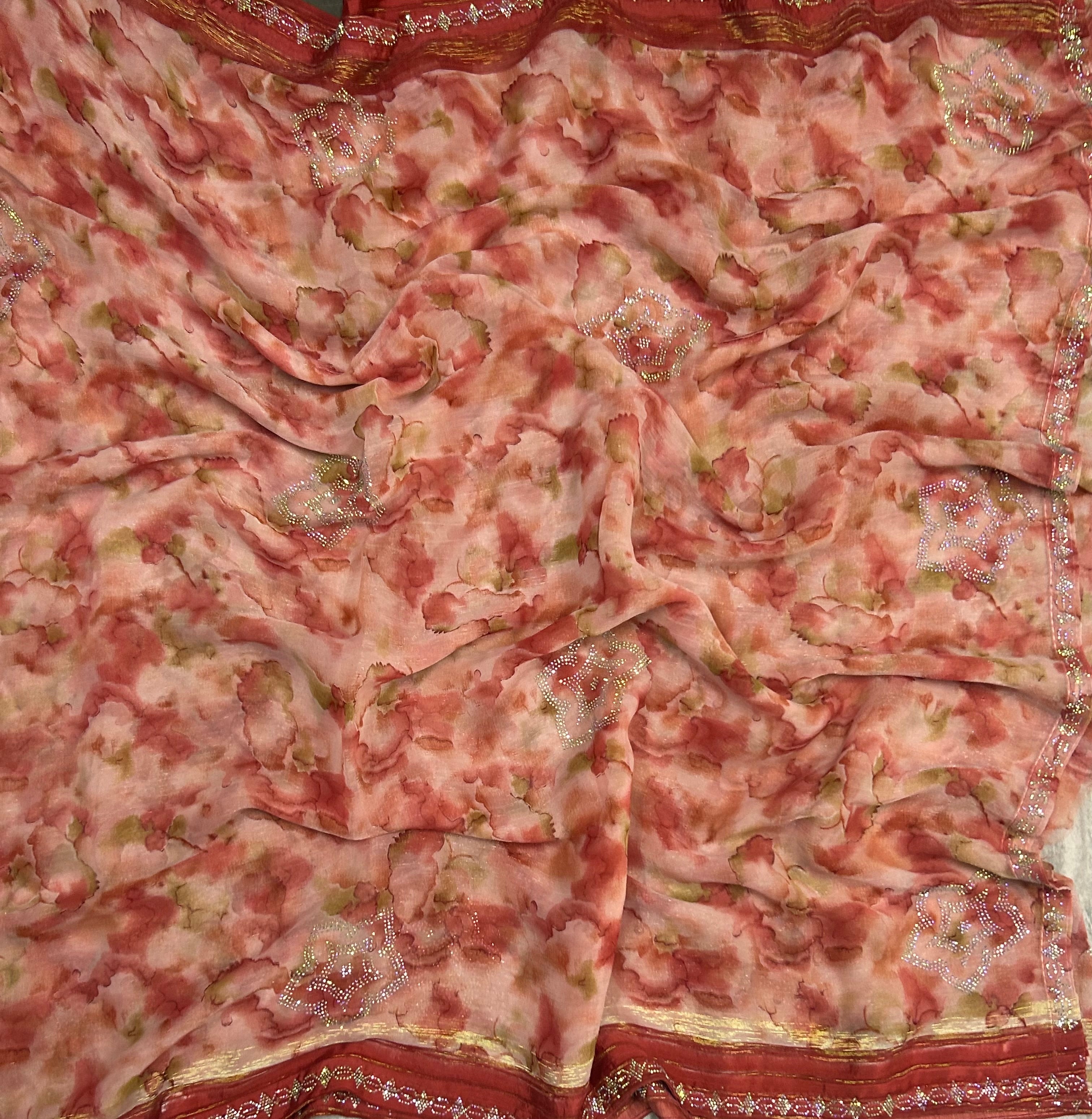 Pink digital print chinnon party wear saree