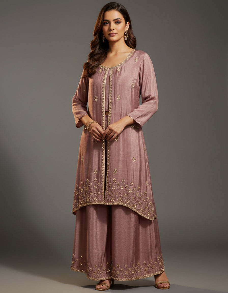 Onion Pink Designer Kurtha Set with Handwork Jacket and Palzoo Pant cape 43