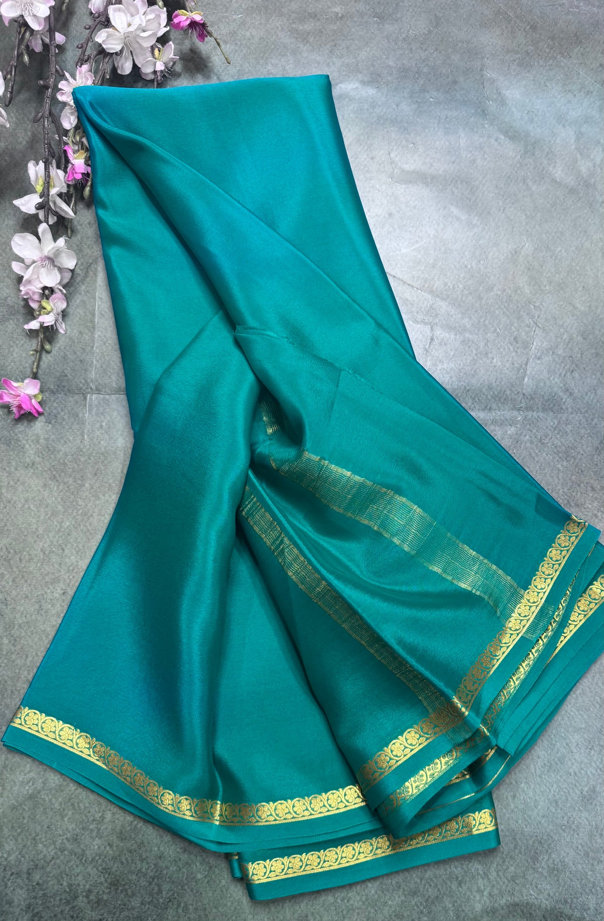 Rama green one inch border pure Mysore silk saree