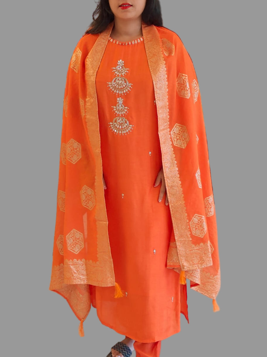 Orange Dola Silk Handwork Straight Fit Kurtha 49