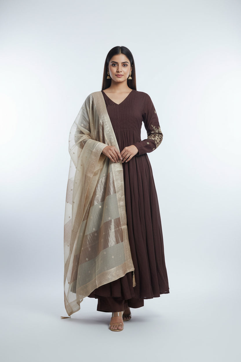Brown Mul Chanderi Hand Embroidery A Line Kurtha 686