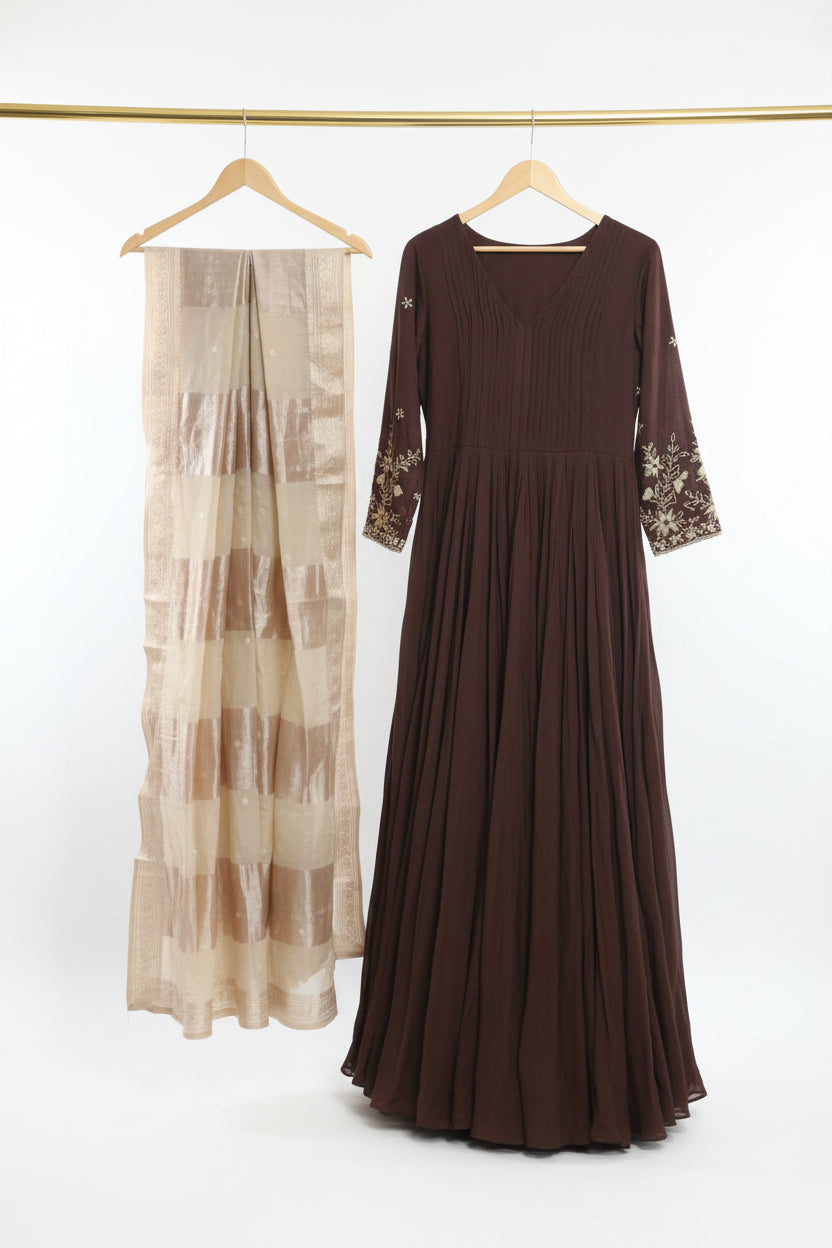 Brown Mul Chanderi Hand Embroidery A Line Kurtha 686
