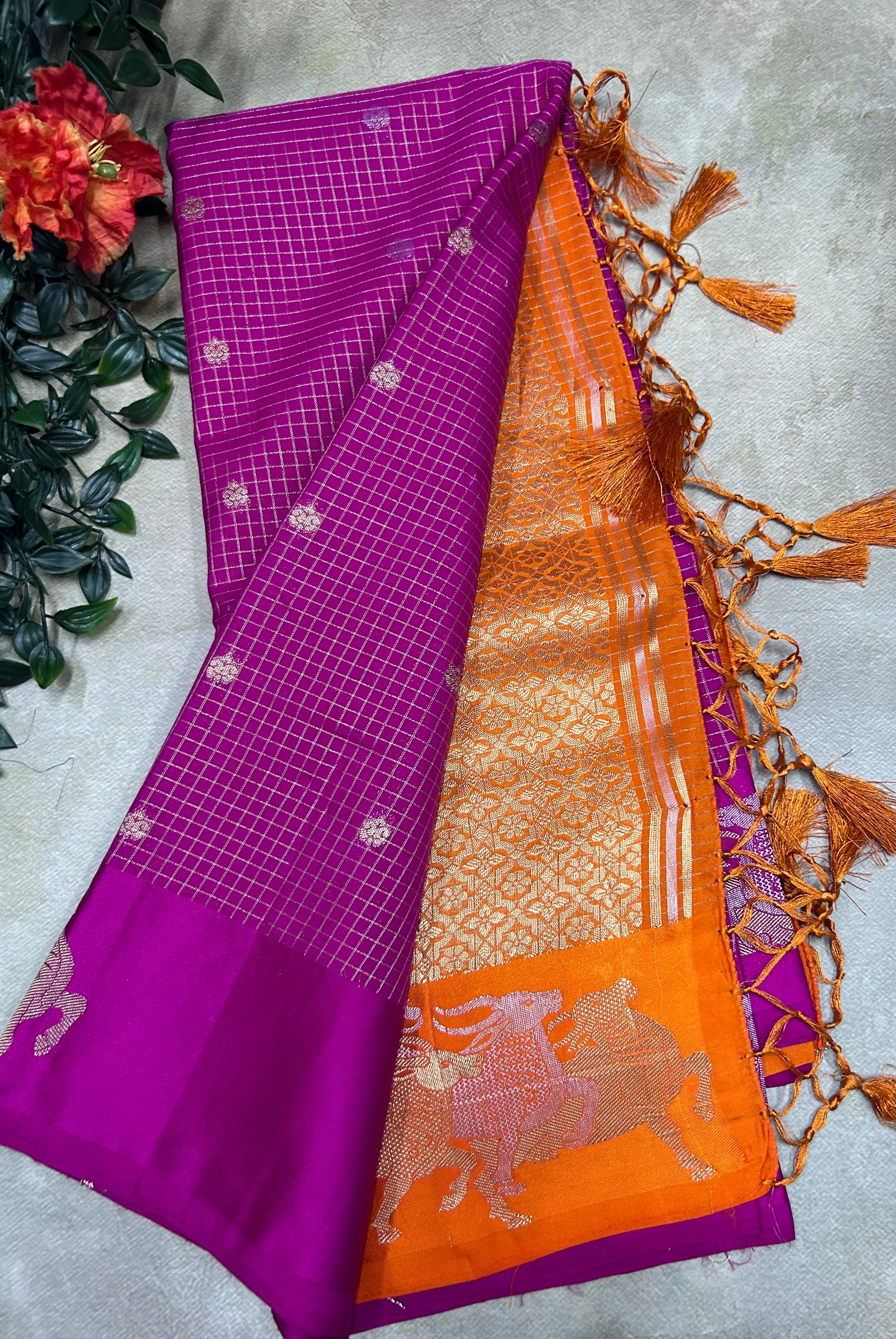 Pink small checks semi Mysore crepe saree(SMC106)