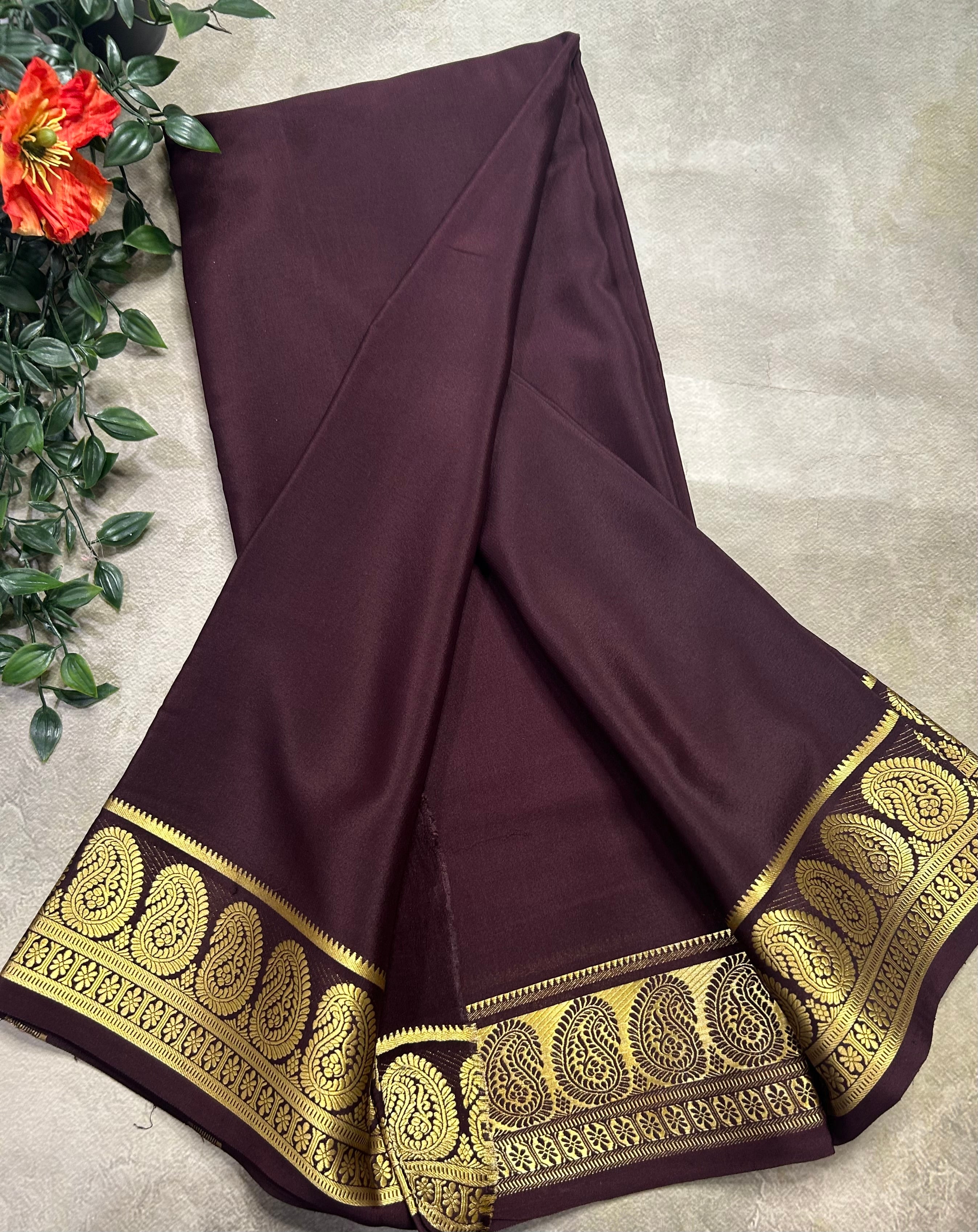 Dark brown plain mango border pure Mysore silk 105 saree