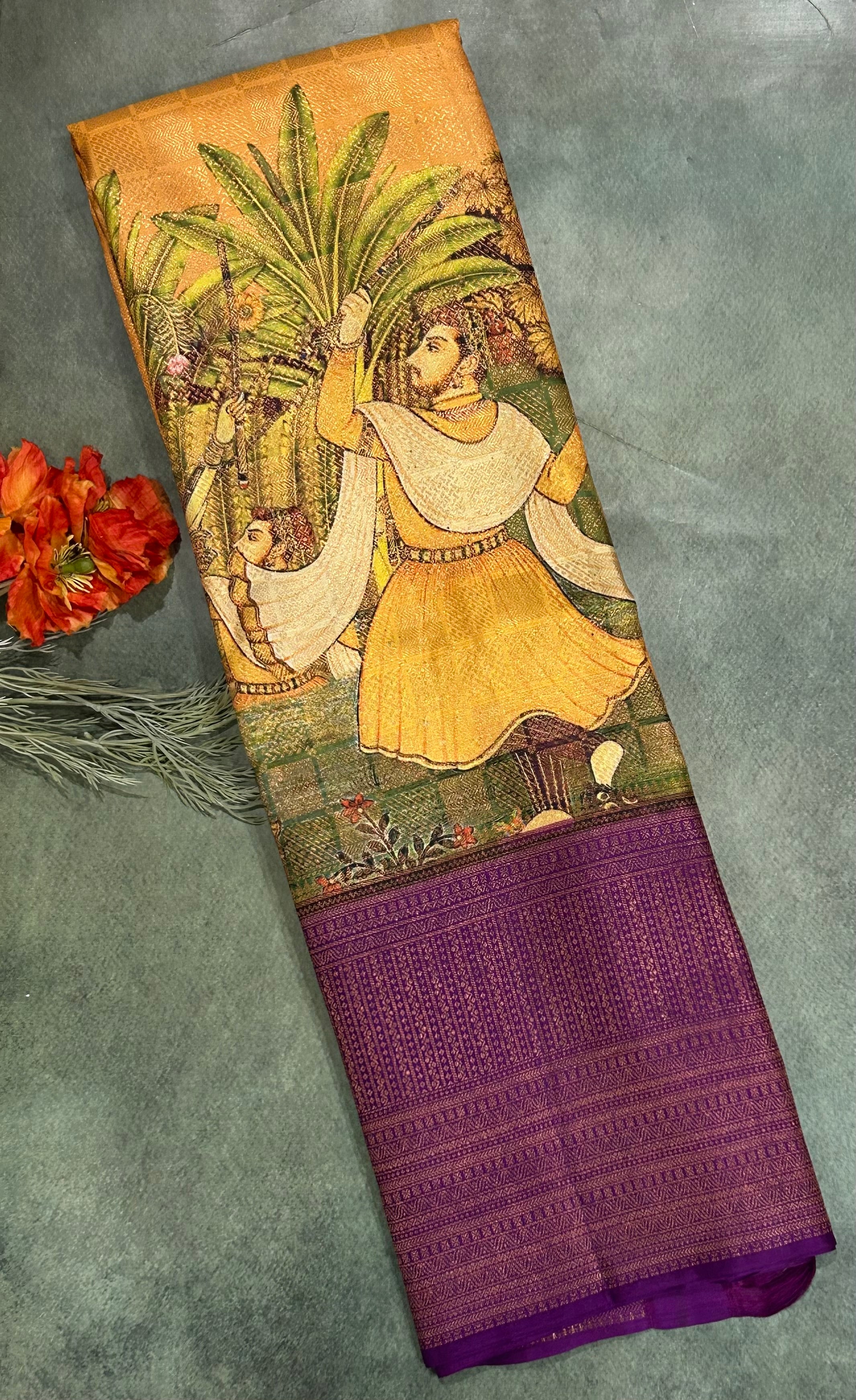 Light orange  brocade  printing mistake 103 saree