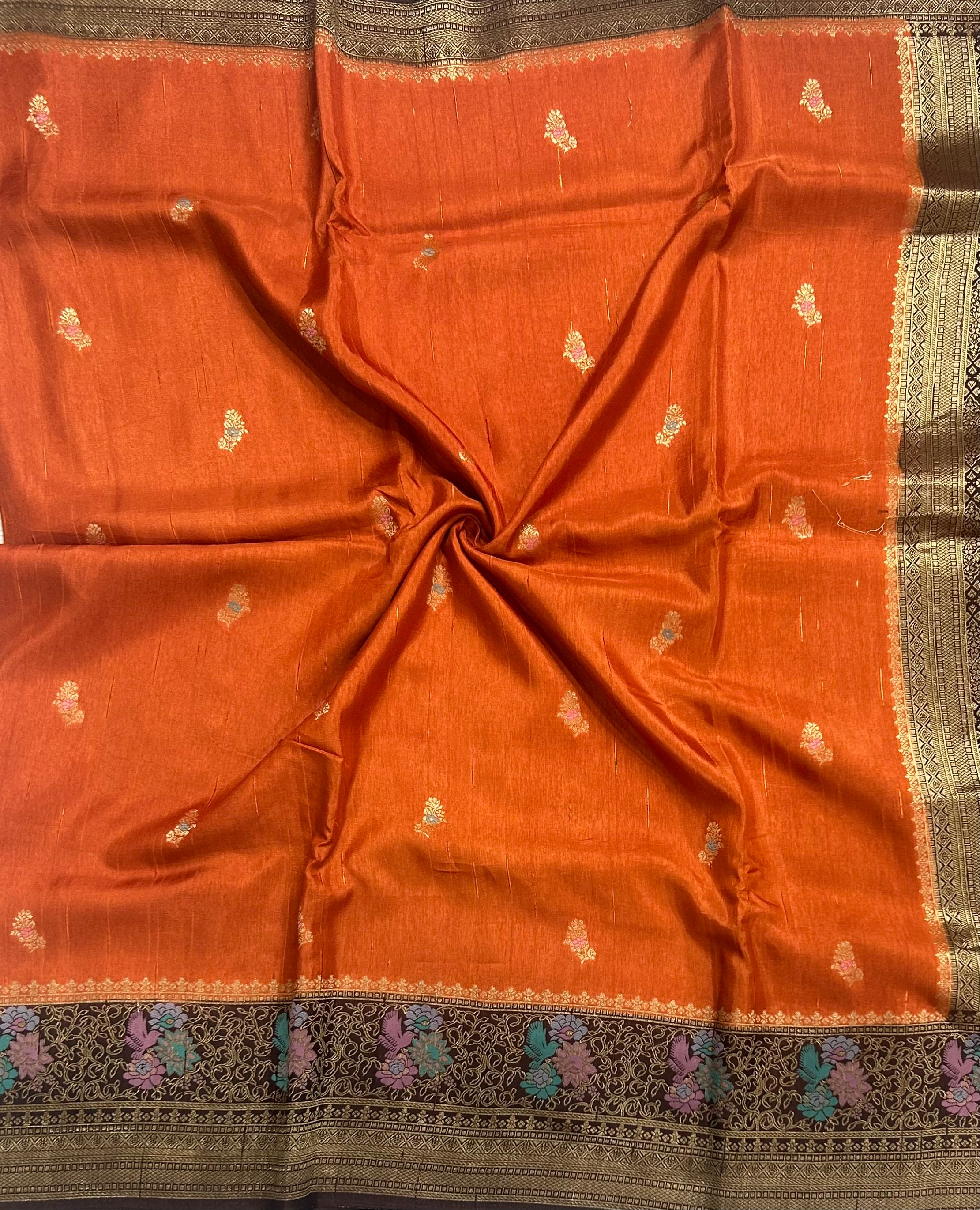 Rust orange n brown 104 Meena work border saree